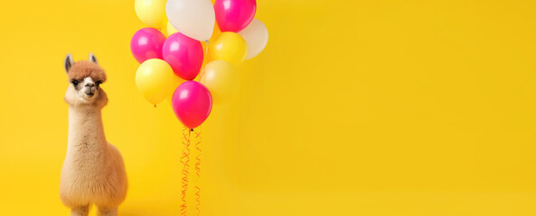 Festive llama with balloons on a yellow background