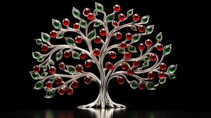 Glittering silver tree ornament with tiny red and green baubles.