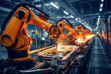 Automated robotic arm welds in an industrial assembly line manufacturing plant
