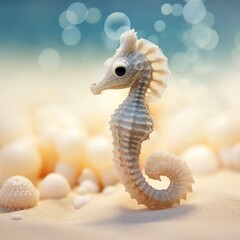 A seahorse toy on the sand with shells, AI - obrazy, fototapety, plakaty