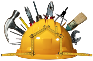 Yellow and orange safety helmet with many work tools and a wooden folding ruler in the shape of house, isolated on white or transparent background, png.