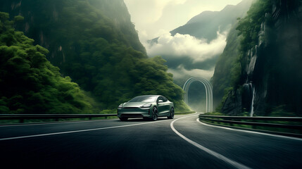 EV (Electric Vehicle) electric car is driving on a winding road that runs through a verdant forest and mountains	
