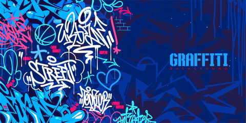 Colorful Blue Abstract Urban Style Hiphop Graffiti Street Art Vector Illustration Background Template - obrazy, fototapety, plakaty