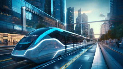 Futuristic City Advanced Transportation Realistic Illustration. Smart city and advanced transportation systems such as autonomous vehicles, hyperloops.