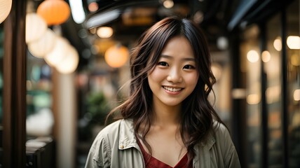 Female Asian beautiful model smiling in street. - obrazy, fototapety, plakaty