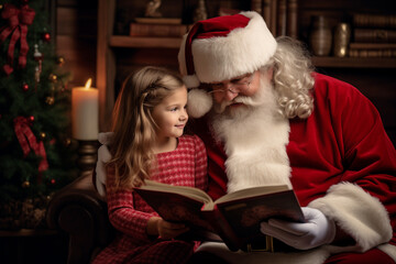 Fototapeta na wymiar Santa Claus reading magic book with a little girl. Christmas greeting card. Cute little girl reading fairytales with Santa Claus. Merry Christmas poster. Noel, Happy New Year concept