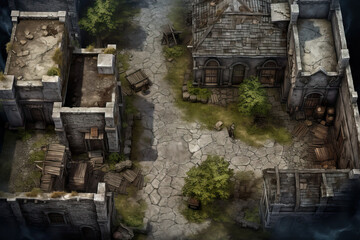 Fototapeta na wymiar DnD Map Time-Worn Town Ruins: Aerial Perspective