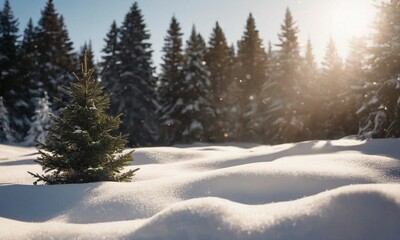 Fototapeta na wymiar Decorated Christmas tree in the snow. Sunny winter New Year's Eve landscape