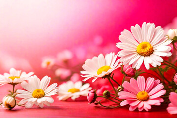 Chamomile flowers. Background for greeting. Bouquet of daisies on a pink background. Background for greeting. Background with daisies