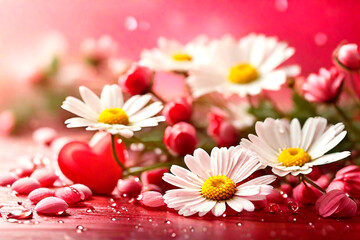 Chamomile flowers. Background for greeting. Bouquet of daisies on a pink background. Background for greeting. Background with daisies. Dew on flowers