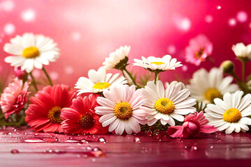 Chamomile flowers. Background for greeting. Bouquet of daisies on a pink background. Background for greeting. Background with daisies. Dew on flowers