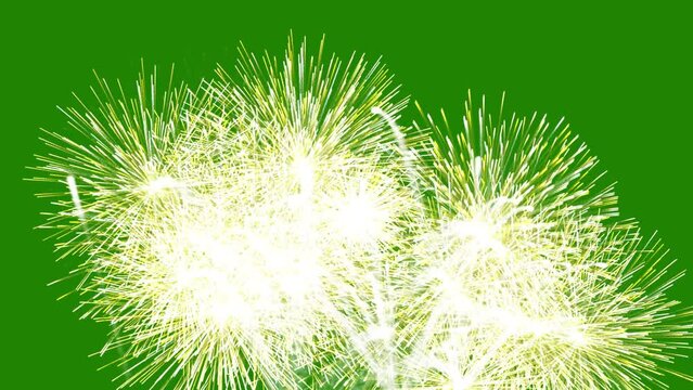 Abstract Multicolored Realistic Fireworks On Green Screen Background, Firework At Night In The Sky Celebration, New Year's Eve Fireworks On Green Screen Background, Bright Fireworks Chroma key