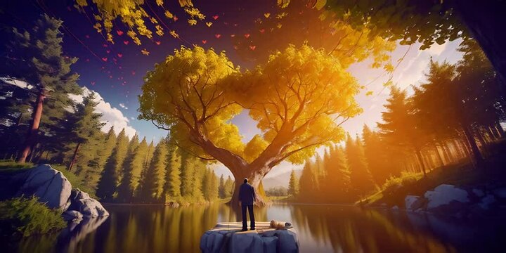  a painting of a heart shaped tree with a man standing in the middle of it and a lake