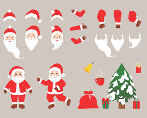 Christmas set. Cute Santa Claus with movable legs and arms. Cartoon flat vector collection isolated on gray