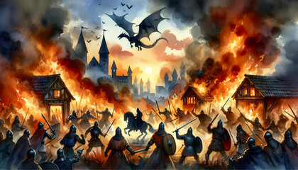 Fiery Skies and Dragon's Cries: The Battle for the Enchanted Kingdom, Childrens book illustration, Watercolor painting