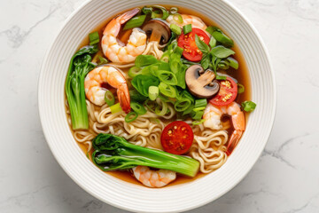Asian noodle soup with shiitake mushrooms, shrimp and bok choy on light table, View from above - obrazy, fototapety, plakaty