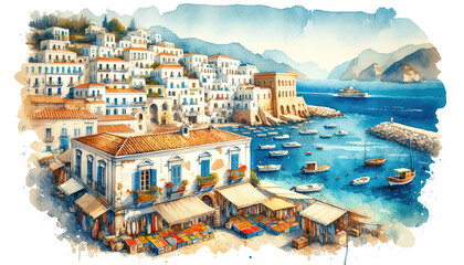 Mediterranean Coastal Escape: Watercolor Illustration of a Picturesque Seaside Town, Whitewashed Buildings, and Azure Waters, Childrens book