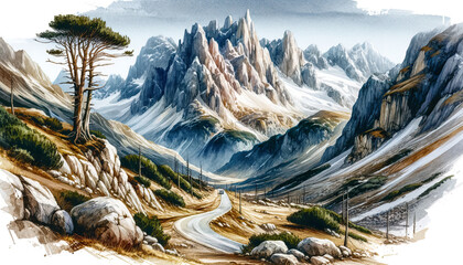 Majestic Alpine Vista: Watercolor Illustration of Towering Peaks, Serene Valleys, and a Winding Road Amidst the Grandeur of Nature