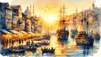 Watercolor illustration of Ships in City, Childrens Book, Artwork, Amazing Light, Cosy, cinematic and beautiful wallpaper