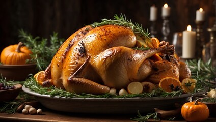Garnished roasted turkey on festive table with pumpkins and burning candles