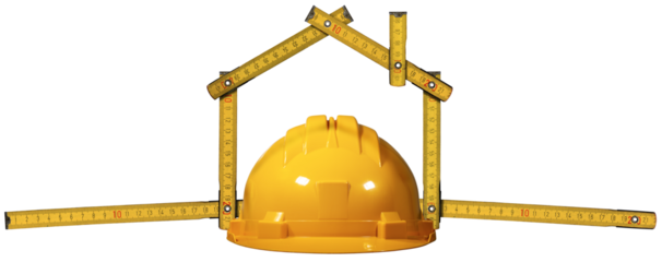 Wooden yellow folding ruler in the shape of house and a yellow and orange work helmet isolated on white or transparent background. Png.