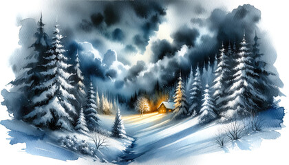 Watercolor illustration of Winter Wonderland, Childrens Book, Artwork, Snowy and cosy, Little cabin