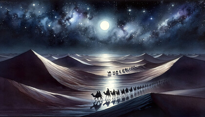Watercolor illustration of Camels walking in the Desert at Night, childrens book, Stars and Galaxies in Background