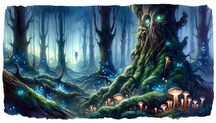 Watercolor illustration of magical forest, childrens book, ancient forest, with spookie vibes