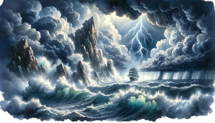 Watercolor illustration of thunderstom at sea, childrens book, ship on the ocean, massive lightning