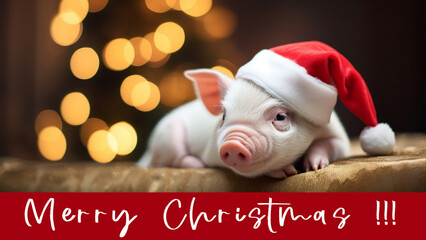 Fototapeta na wymiar Merry Christmas xmas home animal holiday celebration greeting card with text - Funny little cute pig red with santa claus hat lying on the floor, with christmas tree in the background