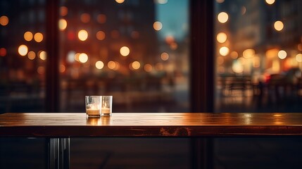 Wooden table in a restaurant opposite the window, bokeh city behind the glass, night view. Generation AI