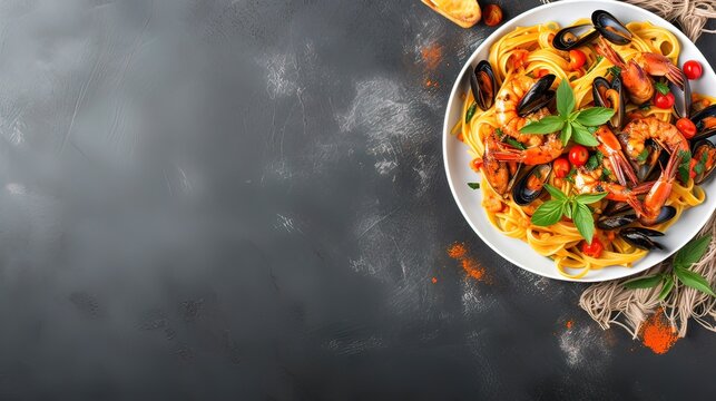 Pasta with seafood on a dark gray background. Generation AI
