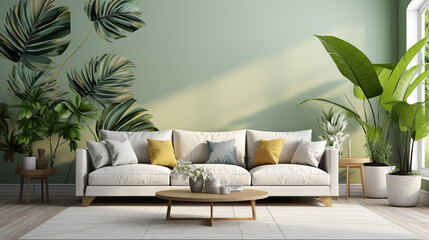 Modern living room with table, plants, picture on the wall, furniture, couch and chairs, mock-up