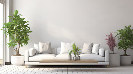 Modern living room with table, plants, picture on the wall, furniture, couch and chairs, mock-up | Generative AI