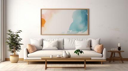 Modern living room with table, plants, picture on the wall, furniture, couch and chairs, mock-up | Generative AI