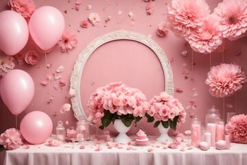 pink roses in a vase on the table isolated on pink background 