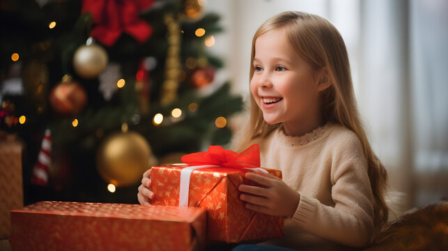 Happy blonde little girl on Christmas day holding a red gift next to a decorated tree