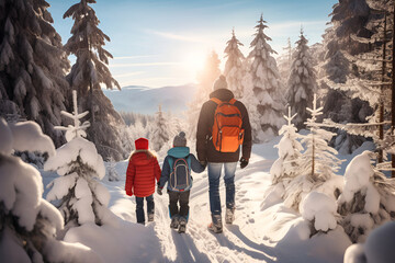 Father with children on a winter trip in the mountains in a snowy forest
