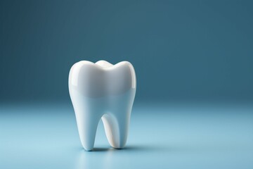 Tooth on blue backdrop with copy space, illustrating dental and health care