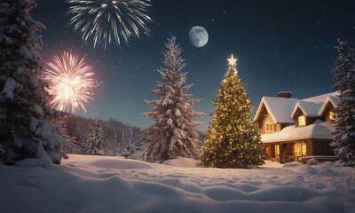 Naklejka premium A cozy winter landscape with bright houses in the snow. Glowing Christmas tree and fireworks