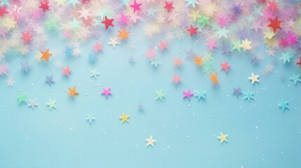 Fototapeta na wymiar Multicolored stars with confetti on a pink background. christmas holiday.