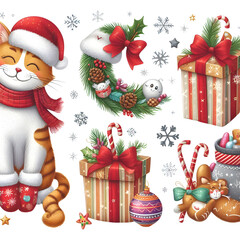 Fototapeta na wymiar Vector Christmas Cat Illustrations. Collection of Kawaii Isolated Christmas Pet Art for Stickers. genrative AI