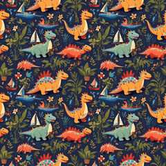 childish repeat pattern created with dinosaur, leaf and other childish elements, cute childish...