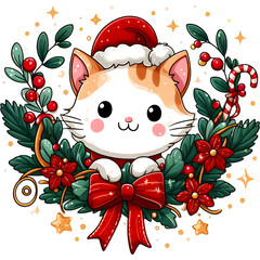 Cute Christmas Siamese Cat Clipart Illustration and Black and White. Funny Clip Art Christmas Mammal. Cute Vector Illustration of a Kawaii Pet for Christmas Stickers. genrative AI