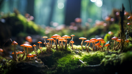 Psilocybin mushrooms growing on moss in the forest - obrazy, fototapety, plakaty