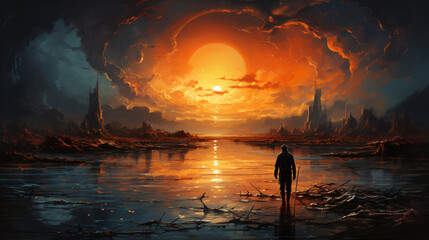 phantasy painting of a sunset with clouds and  a person 