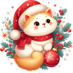 Cute Christmas Siamese Cat Clipart Illustration. Funny Clip Art Christmas Mammal. Cute Vector Illustration of a Kawaii Pet for Christmas Stickers. generative AI.