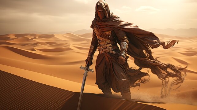 Eastern warrior in the desert. Generation AI