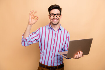 Photo of young cheerful business guy manager show okey gesture got deal in ecommerce using laptop isolated on beige color background