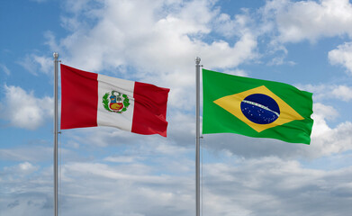Peru and Brazil flags, country relationship concept
